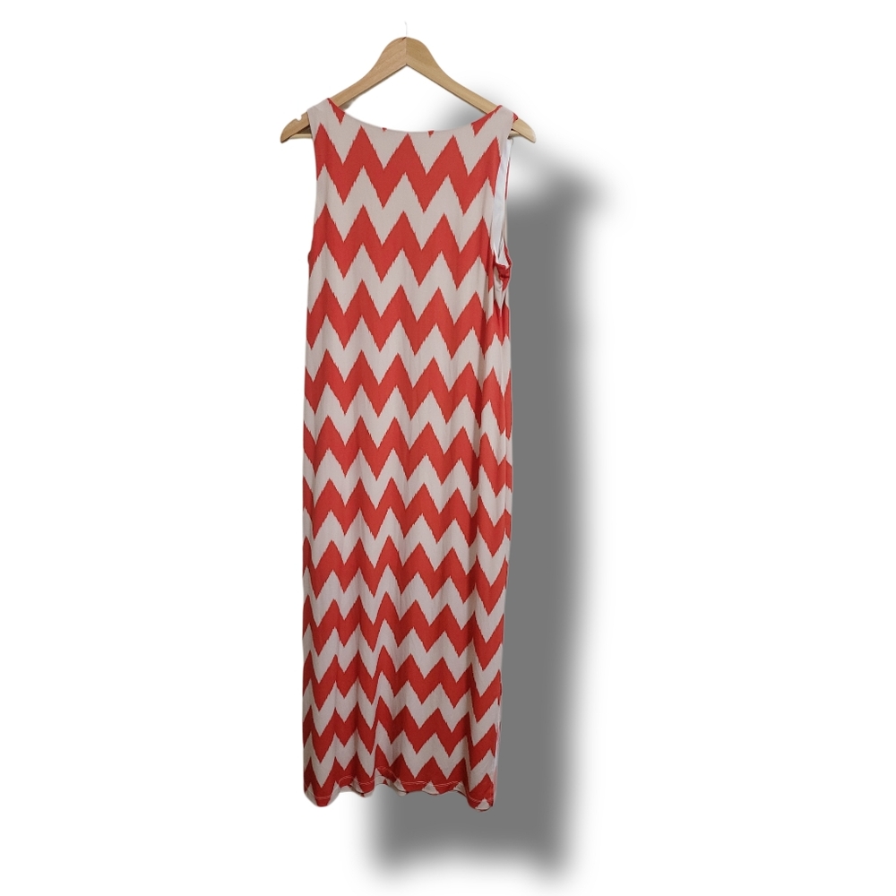 🌿Jessica Howard Women' Large Coral & Khaki Chevron Sleeveless Maxi Dress - Picture 7 of 12